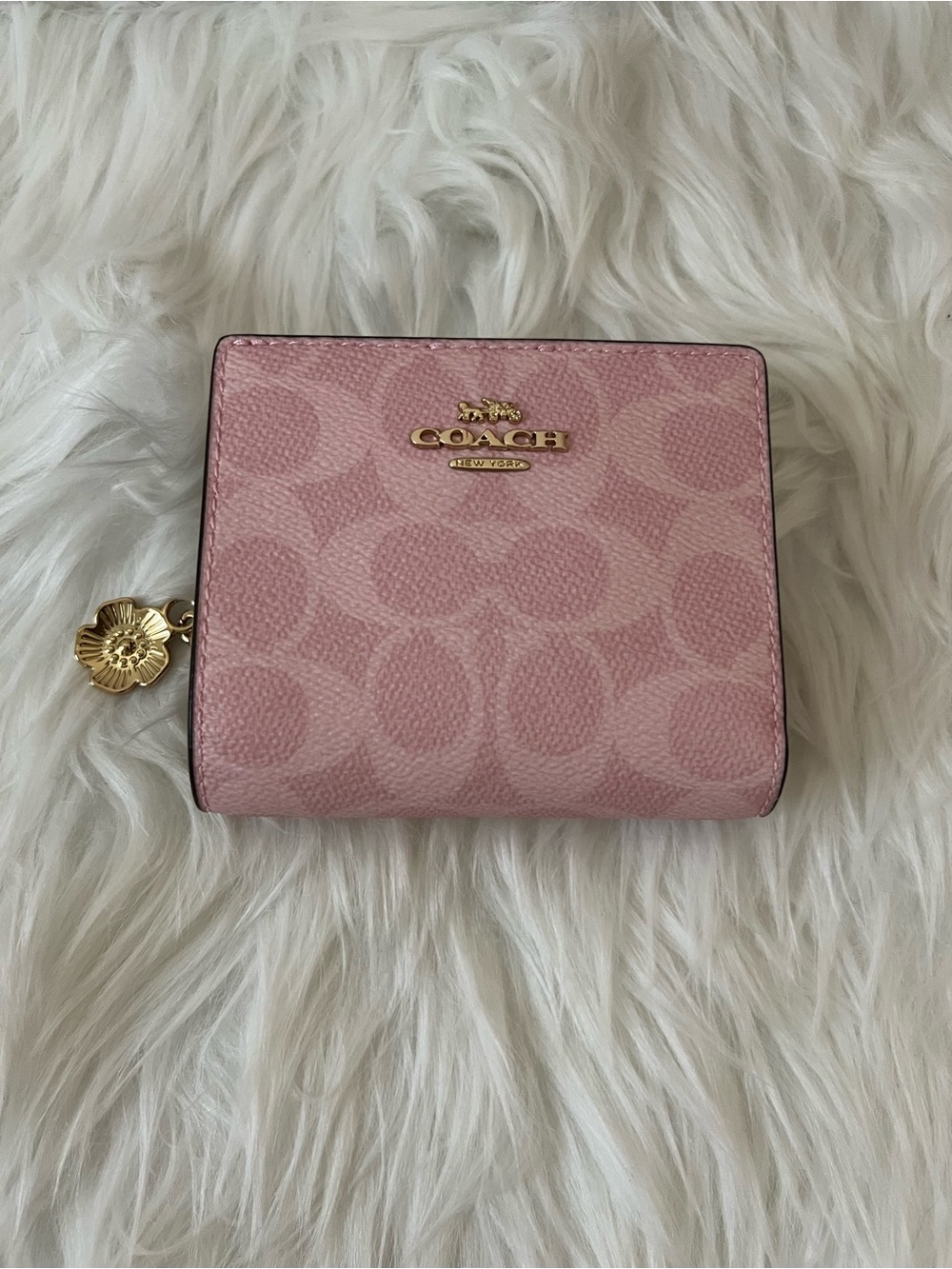 Coach powder Pink Signature snap Wallet with Gold Floral Charm